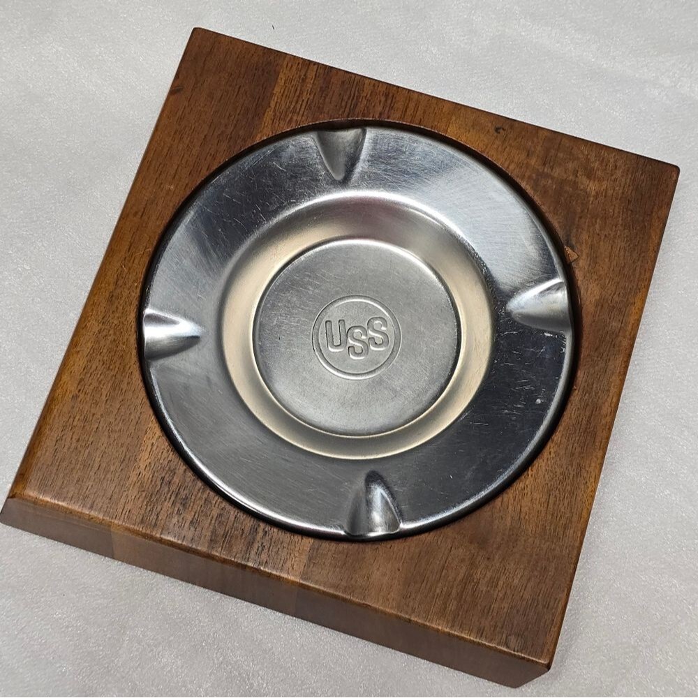 Vintage United States Metal USS ASHTRAY With Genuine Walnut Wooden Stand